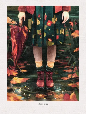 Autumn 2 ✦ Po deszczu Postać w czerwonych butach stoi w kałuży z kręgami po deszczu; w dłoni trzyma złożony parasol, wokół leżą kolorowe liście.