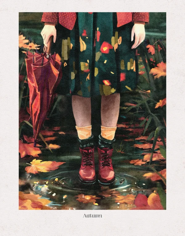 Autumn 2 ✦ Po deszczu Postać w czerwonych butach stoi w kałuży z kręgami po deszczu; w dłoni trzyma złożony parasol, wokół leżą kolorowe liście.